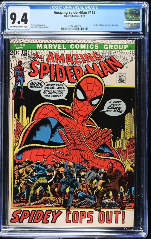 Amazing Spider-Man #112 (Marvel Comics, 1972), CGC 9.4 graded comic book, Universal Blue label — front cover in its holder