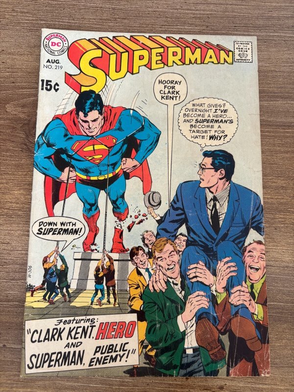 Superman #219 (DC Comics), raw comic book in VG condition — front cover