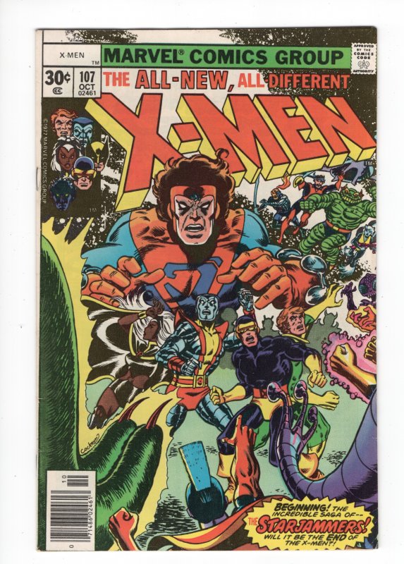 X-Men #107 (Marvel Comics, 1977), raw comic book in VF 7.0 condition — front cover