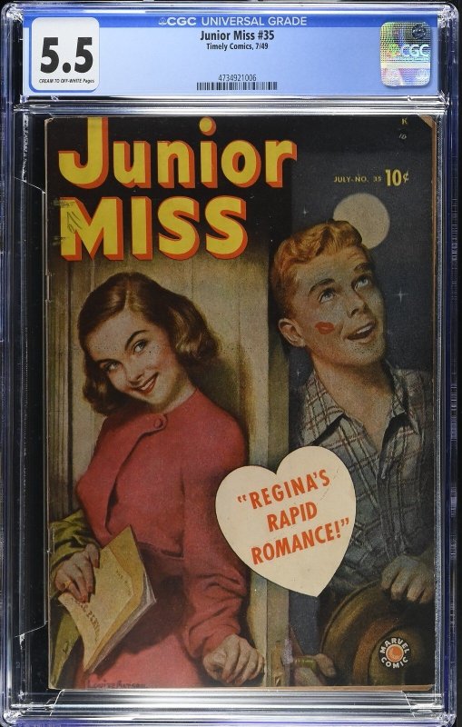 Junior Miss #35 (1949), CGC 5.5 graded comic book, Universal Blue label — front cover in its holder