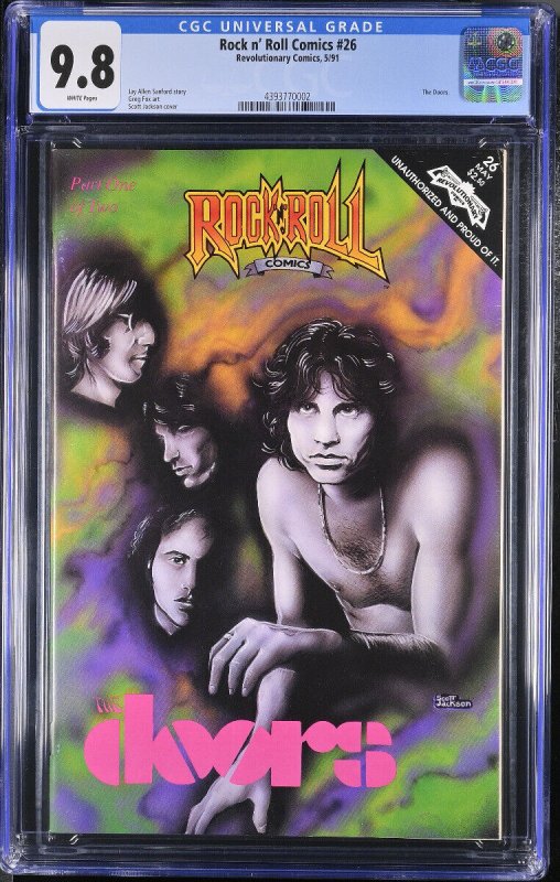 Rock N Roll Comics #26 (1991), CGC 9.8 graded comic book, Universal Blue label — front cover in its holder