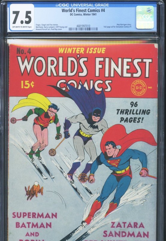 World's Finest Comics #4 (DC Comics), CGC 7.5 graded comic book, Universal Blue label — front cover in its holder