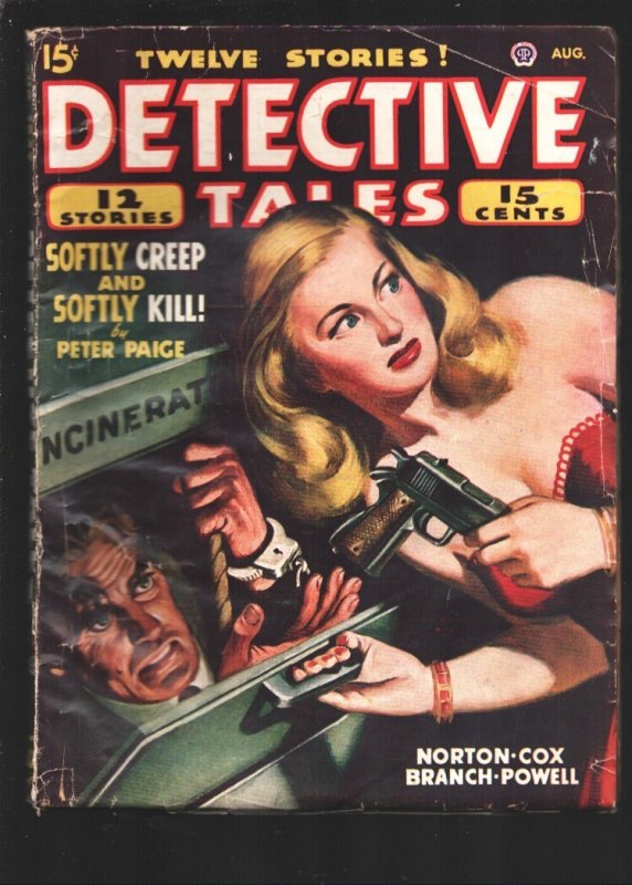 5 Detective Novels 8/1947-Blonde Gun Moll Passes Weapon to man in Incinerator on, raw, ungraded comic book — front cover