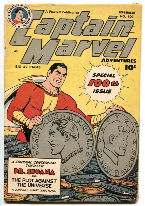 Captain Marvel Adventures #100 (Fawcett Publications, 1949), raw comic book in VG condition — front cover