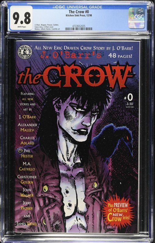 The Crow: Shattered Lives #0 (1998), CGC 9.8 graded comic book, Universal Blue label — front cover in its holder