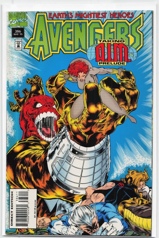 The Avengers #386 (Marvel Comics, 1995), raw, ungraded comic book — front cover