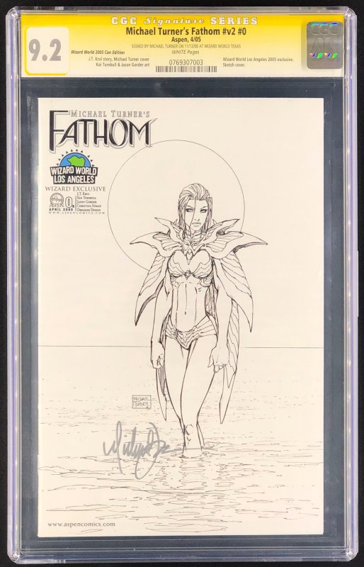 Michael Turner's Fathom #0, CGC 9.2 graded comic book, Signature Series label — front cover in its holder