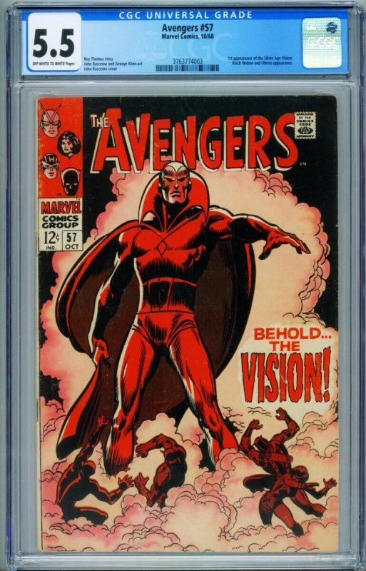 Avengers #57 (Marvel Comics, 1968), CGC 5.5 graded comic book, Universal Blue label — front cover in its holder