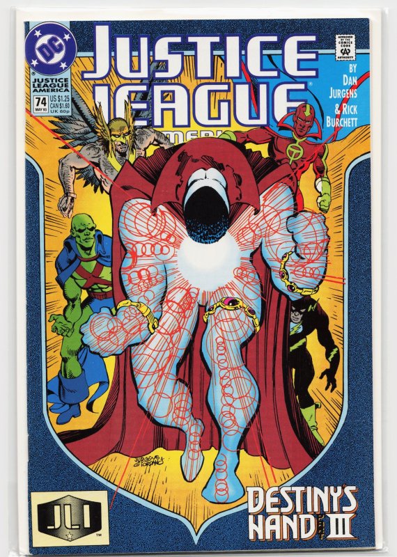 Justice League America #74 (DC Comics, 1993), raw, ungraded comic book — front cover