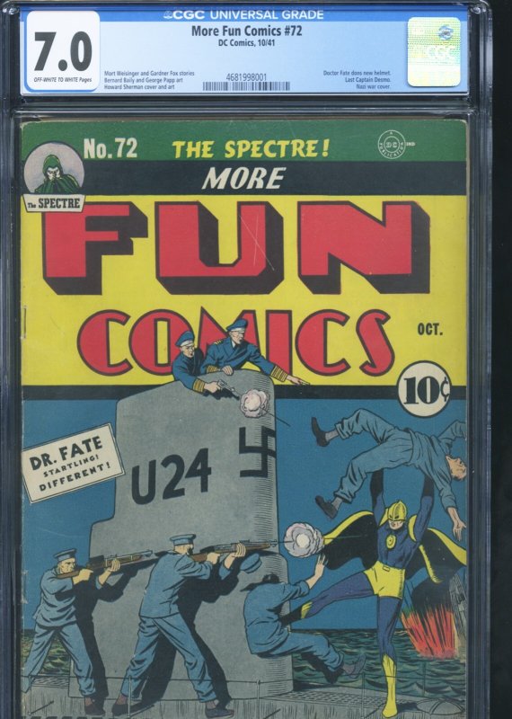 More Fun Comics #72 (DC Comics), CGC 7.0 graded comic book, Universal Blue label — front cover in its holder