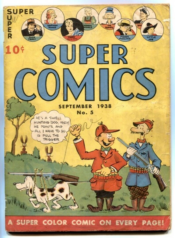Super Comics #5 (1938), raw comic book in VG- condition — front cover
