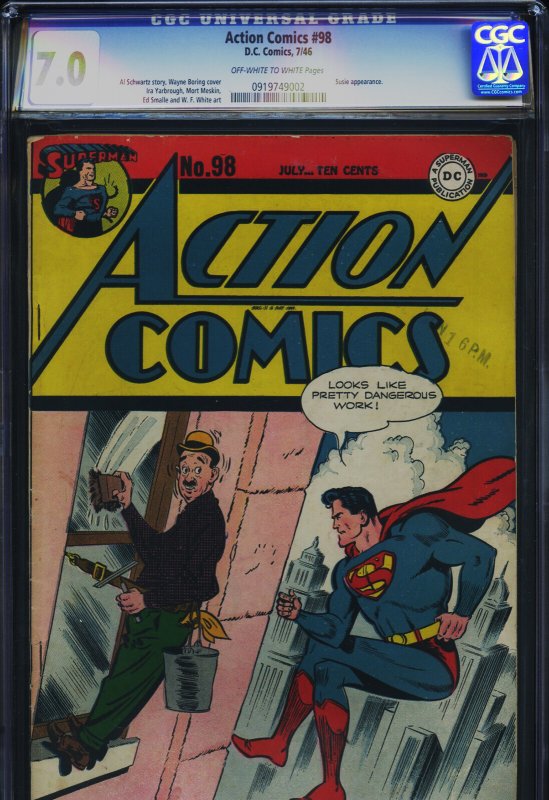 Action Comics #98 (DC Comics), CGC 7.0 graded comic book, Universal Blue label — front cover in its holder