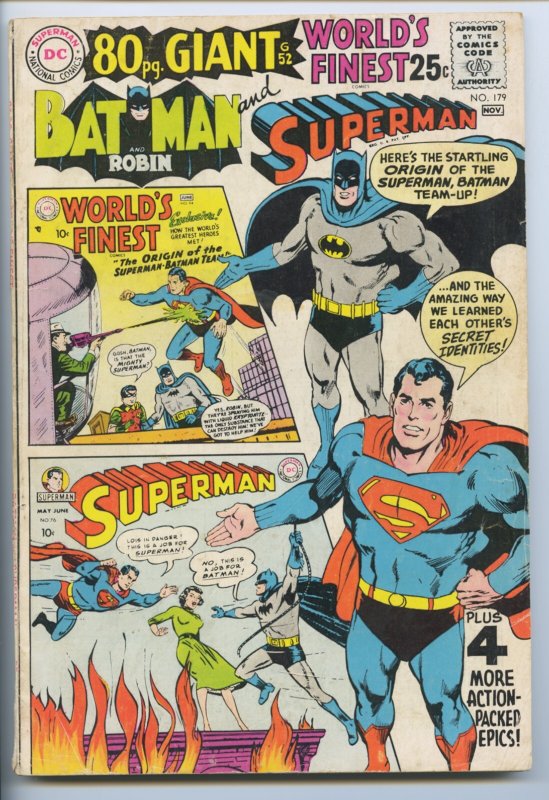World’s Finest Comics #179 - 3.5, OW - Origin Superman/Batman Team Retold -Adams (DC Comics), raw comic book in 3.5 condition — front cover