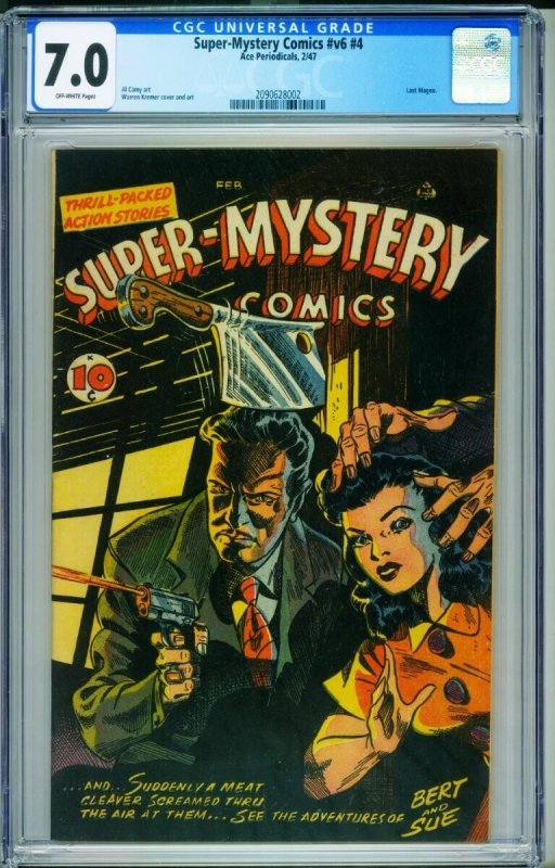 Super-Mystery Vol.6 #4 (1947), CGC 7.0 graded comic book, Universal Blue label — front cover in its holder