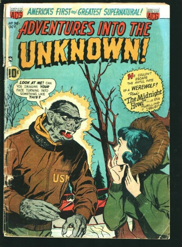 Adventures into the Unknown #36 (1952), raw comic book in VG condition — front cover