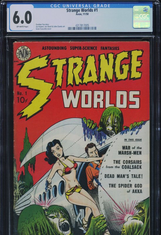 Strange Worlds #1 (Avon Periodicals, 1958), CGC 6.0 graded comic book, Universal Blue label — front cover in its holder