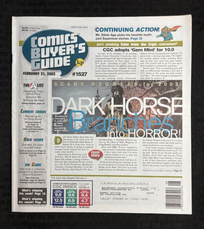 2003 Comics Buyers Guide Newspaper #1527 (Dark Horse Comics, 2003), raw comic book in FN 6.0 condition — front cover
