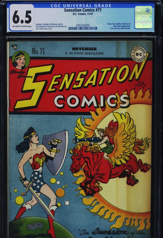 Sensation Comics #71 (DC Comics), CGC 6.5 graded comic book, Universal Blue label — front cover in its holder