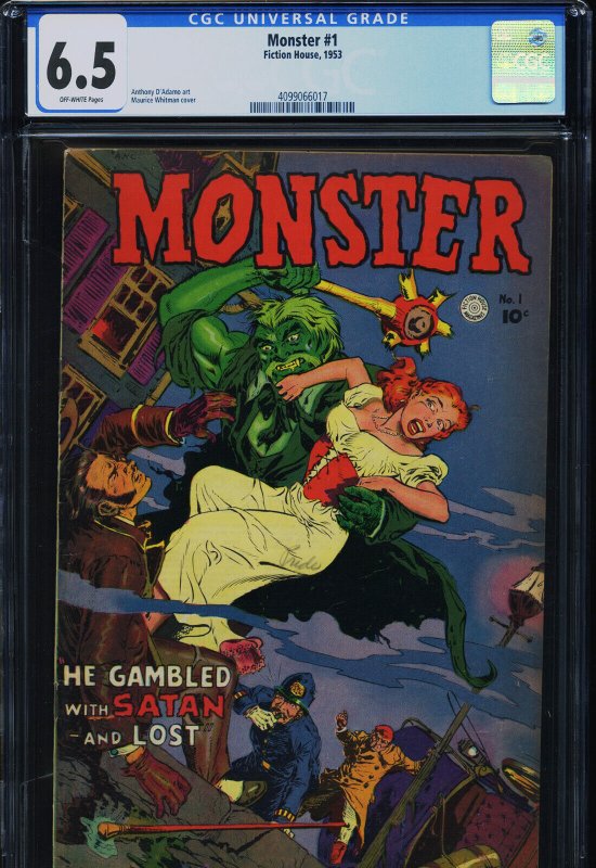 Monster #1 (Fiction House), CGC 6.5 graded comic book, Universal Blue label — front cover in its holder