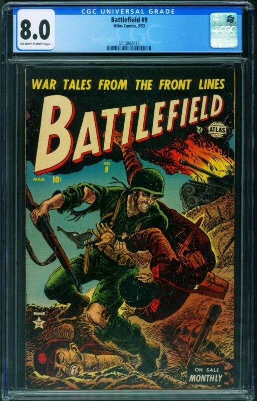 Battlefield #9 (Atlas Comics, 1953), CGC 8.0 graded comic book, Universal Blue label — front cover in its holder