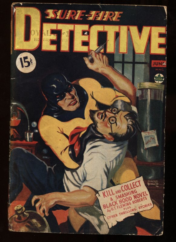 Sure-Fire Detective June 1942-Black Hood-syringe Cover-Rare Pulp (1942), raw, ungraded comic book — front cover