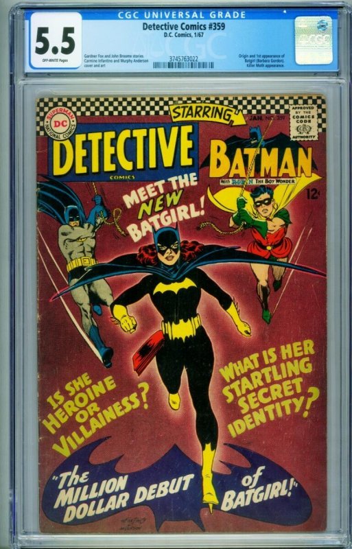 Detective #359 (DC Comics, 1967), CGC 5.5 graded comic book, Universal Blue label — front cover in its holder